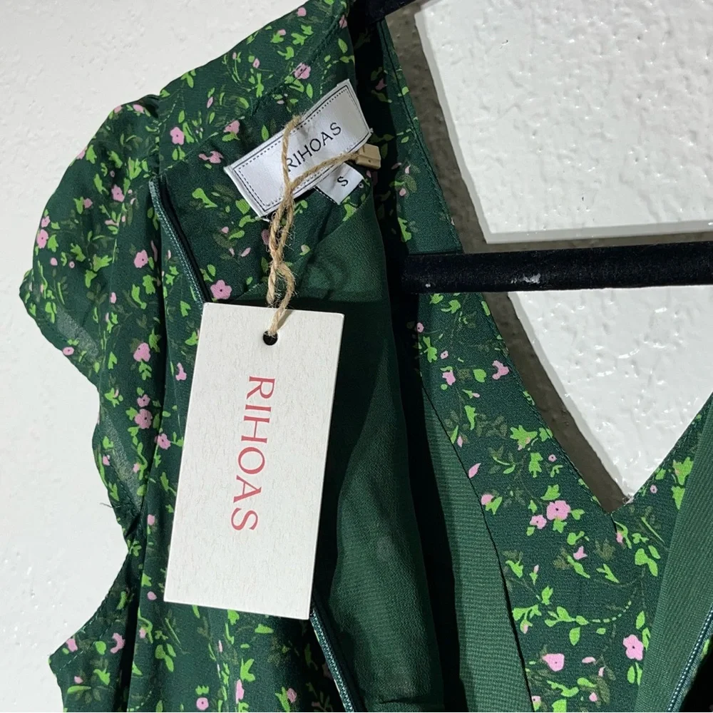 RIHOAS The V Neck Frill Trim Midi Grass Green Dress Sz S NWT - Picture 5 of 6